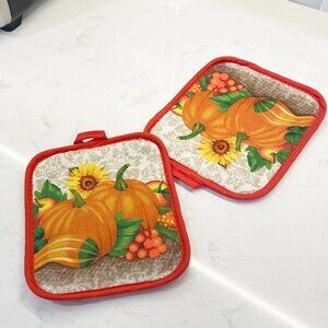 Potholders Set of 2 Fall Harvest Pumpkins Gourd Sunflower Quilted Backs New